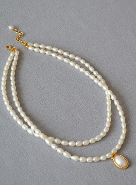 气质法式婉约复古椭圆半片吊坠双层淡水珍珠短款项链锁骨链女