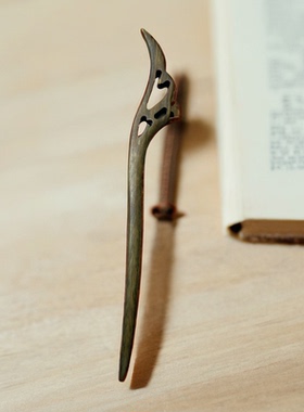 原创中国风绿檀香木簪子凤羽莲叶蛇形日常盘发发簪汉服发饰