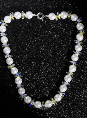 晶柜经典项链女水晶白色锁骨链配饰品复古南洋贝壳仿珍珠短款颈链