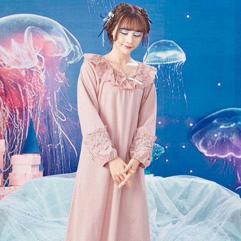 长袖春秋季纯棉可爱长款连体夏睡裙 茜靓睡裙