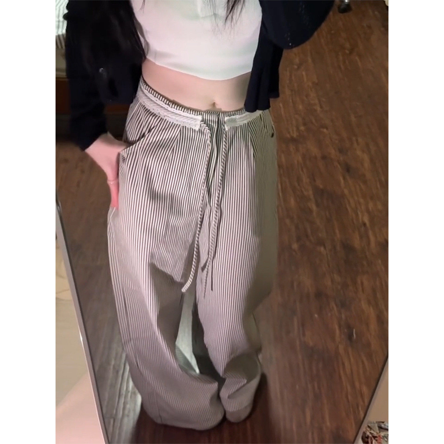 175高个子超长条纹拼接蕾丝抽绳直筒裤女宽松显瘦垂感松紧休闲裤,淘宝优惠券,粉丝福利购,淘宝优惠卷