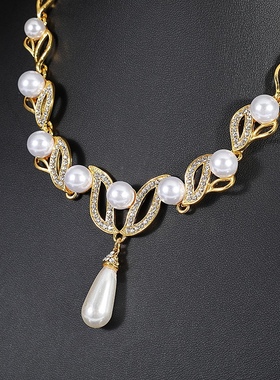 韩式新娘精美仿珍珠项链耳环耳坠二件套结婚饰品舞台婚纱礼服配饰