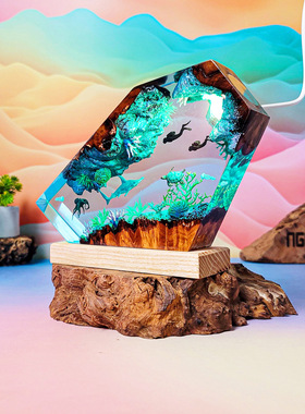 ESTY跨境爆款锤头鲨和章鱼个性化3D海洋主脂灯木质摆件圣诞礼物