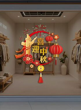 中秋国庆玻璃贴纸氛围布置装饰贴纸店铺橱窗场景装扮窗贴爱国主题