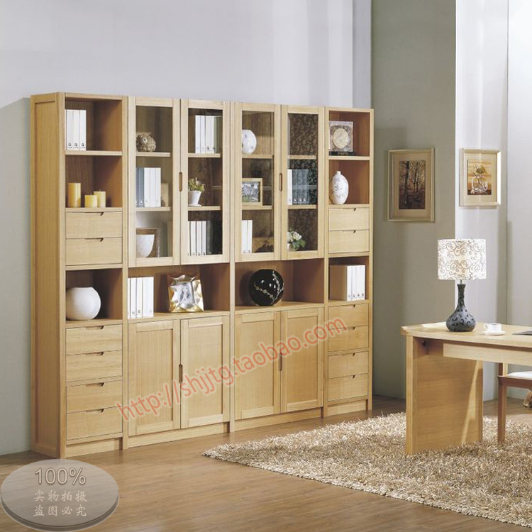 水曲柳实木书柜自由组合书柜玻璃门储物柜全实木置物柜实木书架