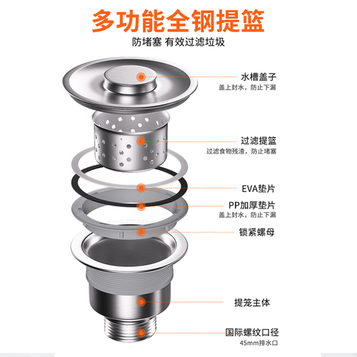 厨房碗池洗菜盆下水管配件水槽下水器不锈钢水池漏塞过滤网全套装
