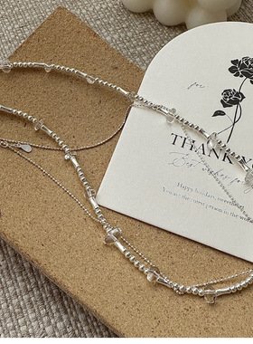 S925纯银韩版小众设计感复古串珠白水晶双层锁骨链韩系时髦INS风