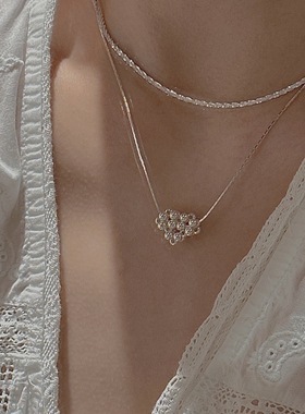 S925纯银韩版小众设计感复古串珠爱心项链韩版时髦简约锁骨链批发