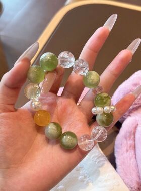 青提奶盖白喜马拉雅黄玛瑙白水晶 天然岫玉水晶多宝手链女生礼物