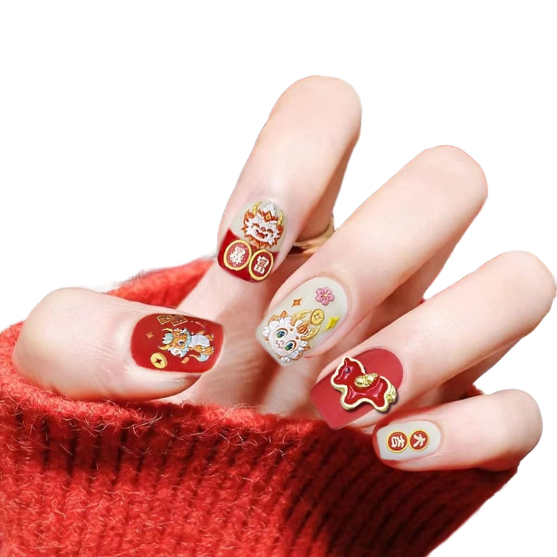 2026年新款儿童美甲穿戴甲高级感短款磨砂大吉马年24片假指甲贴片,淘宝优惠券,粉丝福利购,淘宝优惠卷