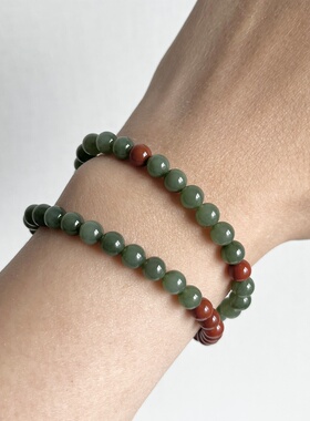 天然和田玉碧玉粉青双圈手串原矿南红佛家吉数新中式百搭保真无裂