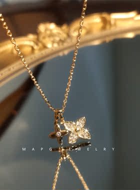 法式小花双吊坠镀金项链女