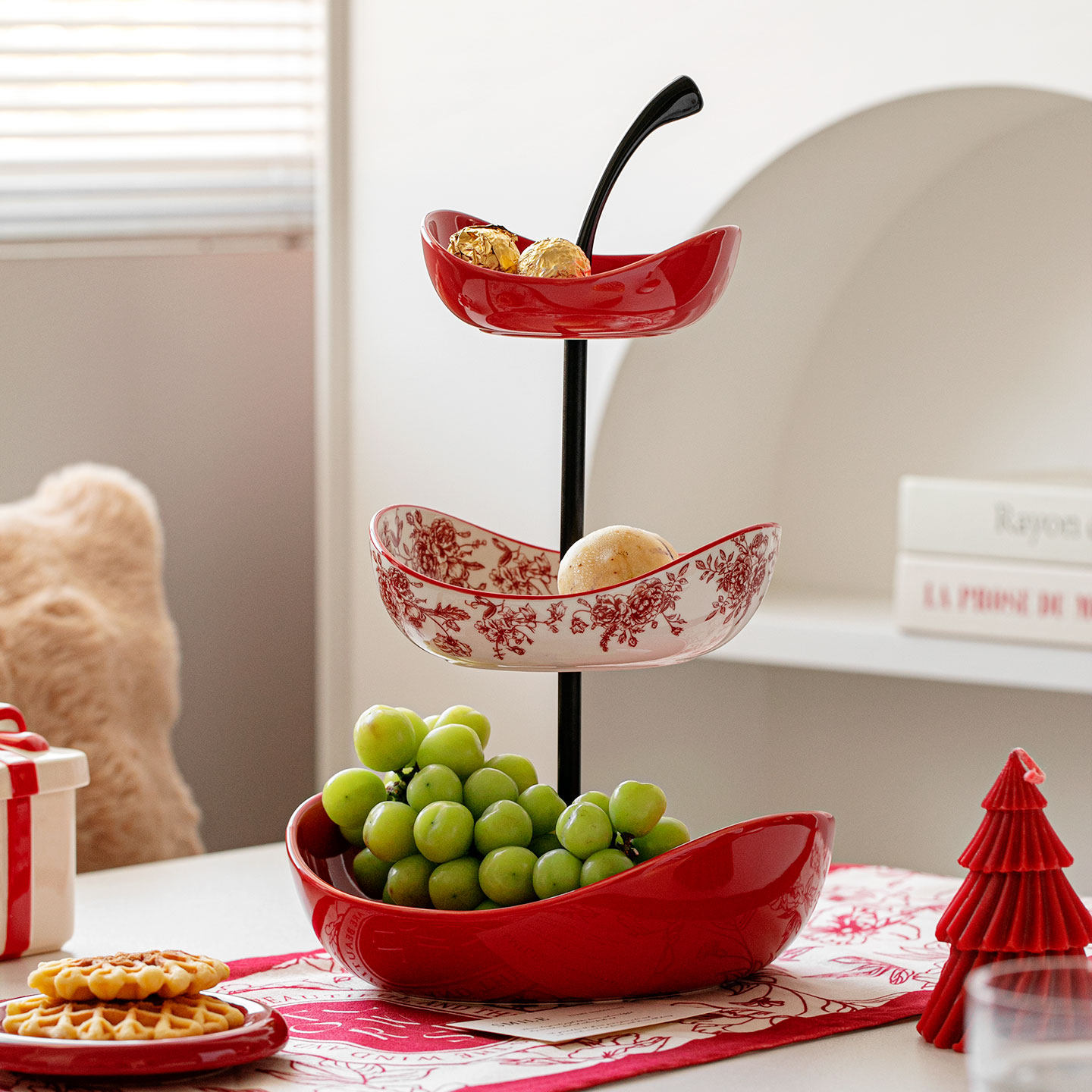 陶瓷双层果盘高端精致高颜值家用水果盘乔迁之喜果篮红色装饰摆件,淘宝优惠券,粉丝福利购,淘宝优惠卷