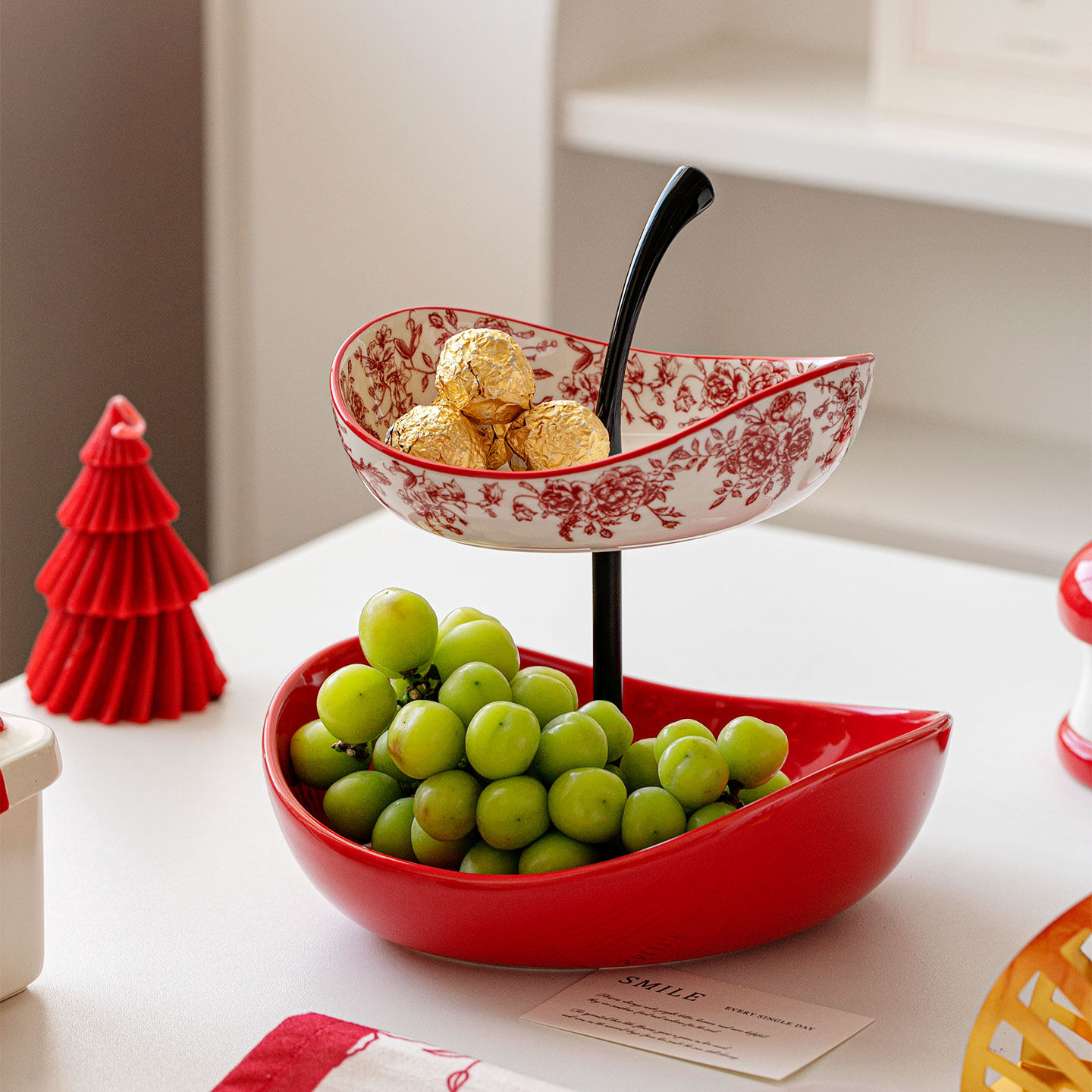 陶瓷双层果盘高端精致高颜值家用水果盘乔迁之喜果篮红色装饰摆件,淘宝优惠券,粉丝福利购,淘宝优惠卷