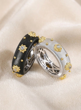 S925纯银！黑金戒指白金戒指宽版复古轻奢高级感小众设计纯银戒指