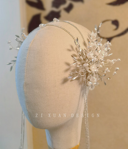 仙美发链花朵水晶镶钻婚纱韩式披发造型流苏边夹新娘头饰白纱饰品 - 图1
