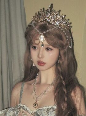 新款Lolita皇冠新娘洛丽塔王冠儿童走秀头饰黑色哥特公主流苏发冠