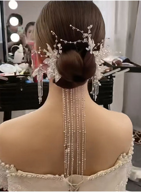 水晶新娘头饰头花韩式仙美发夹美背长流苏结婚白纱发饰礼服配饰品