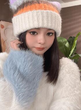 条纹女冬季无檐拼色针织帽保暖