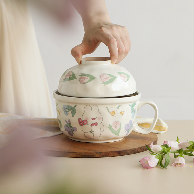 蓝莲花家居茉茉兔泡面碗网红带盖陶瓷宿舍学生食堂女生可爱打饭碗 - 图2