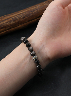 s925纯银转运珠金曜石手串潮男高级感个性黑曜石银曜手链情侣款