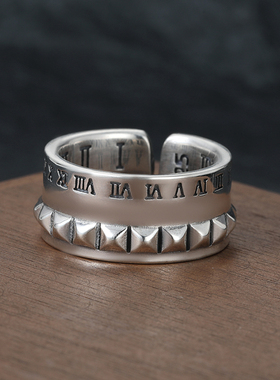 潮人个性小众S925纯银复古做旧古罗马十二时辰时间刻度戒指男情侣