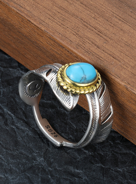 印第安风羽毛镶石开口戒指女 925纯银复古做旧个性嘻哈单身男指环