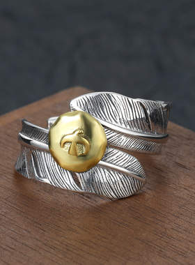 S925纯银点金飞鸟羽毛戒指男泰银做旧飞鹰开口食指戒嘻哈小众指环