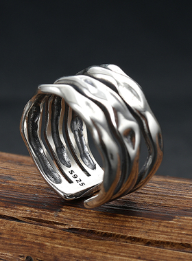 多层不规则熔岩纯银开口戒指