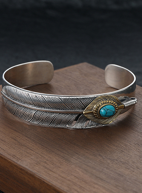 s925日系复古潮流个性镶嵌羽毛手镯潮男开口可调节宽面镯子情侣款