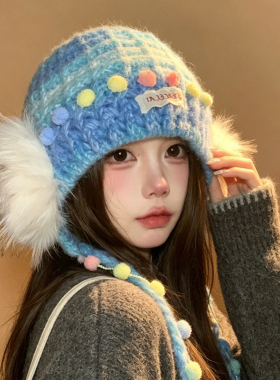 韩系系带毛绒保暖护耳雷锋帽女