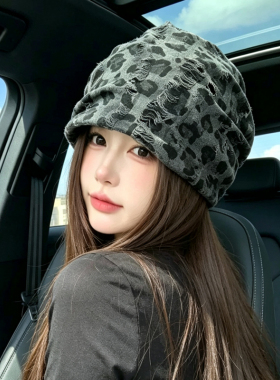 春秋复古做旧豹纹堆堆帽女显脸小