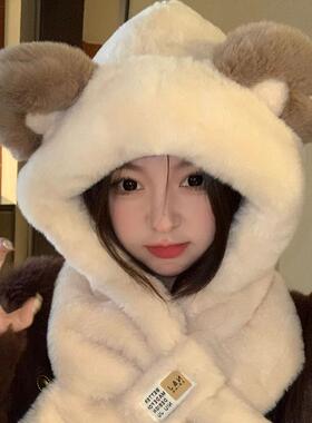 雷锋帽女毛绒围巾一体保暖帽冬
