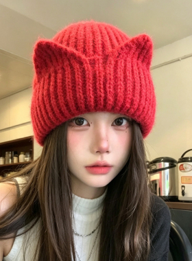 秋冬保暖护耳猫耳针织帽女显脸小