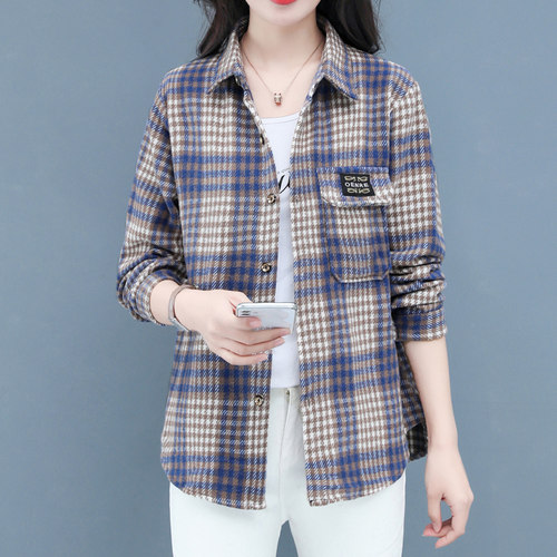 工厂直销 春秋新款格子衬衫厚款磨毛格子衬衣女宽松休闲大码款 - 图0