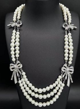 古vintage复古蝴蝶结珍珠项链链