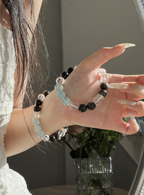 喜用金水天然海蓝宝白水晶手链