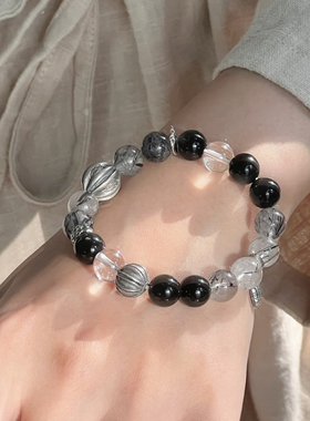 s925银黑发晶白水晶黑曜石手链