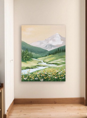 手绘油画风景高山流水玄关走廊