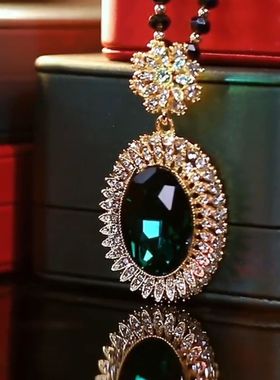 绿如意水晶项链镶钻椭圆毛衣链女