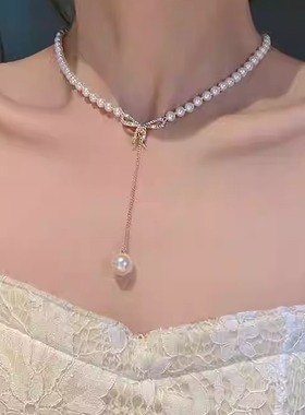 蝴蝶结珍珠吊坠项链女2024年新款潮气质轻奢小众设计感高级锁骨链