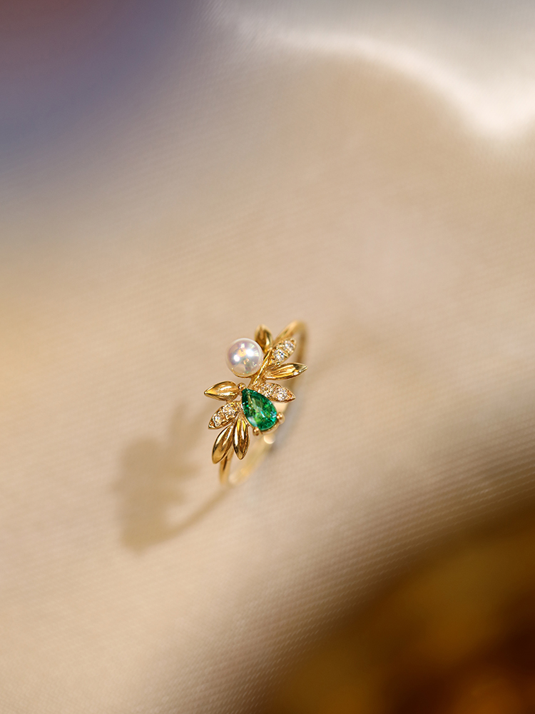《青藤》复古设计感轻奢天然极光珍珠祖母绿彩宝18K金钻石戒指女 - 图2