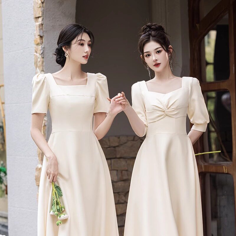 伴娘服姐妹裙新品长袖气质闺蜜装显瘦伴娘团香槟色礼服裙平常可穿 - 图3