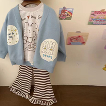 Girl T-shirt Fall 2023 New Ocean Qi Little Girl Trendy Children Dress Long Sleeve Sweater Sweatshirt Striped Horn Pants