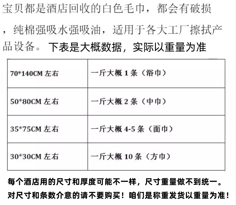 纯棉宾馆酒店旧浴巾吸油水工业擦机布棉纱抹布次品二手破旧白毛巾