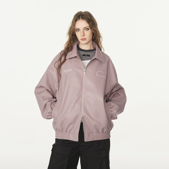 FORNINES刺绣翻领棕色皮衣男女情侣潮牌秋冬pu皮夹克美式复古外套