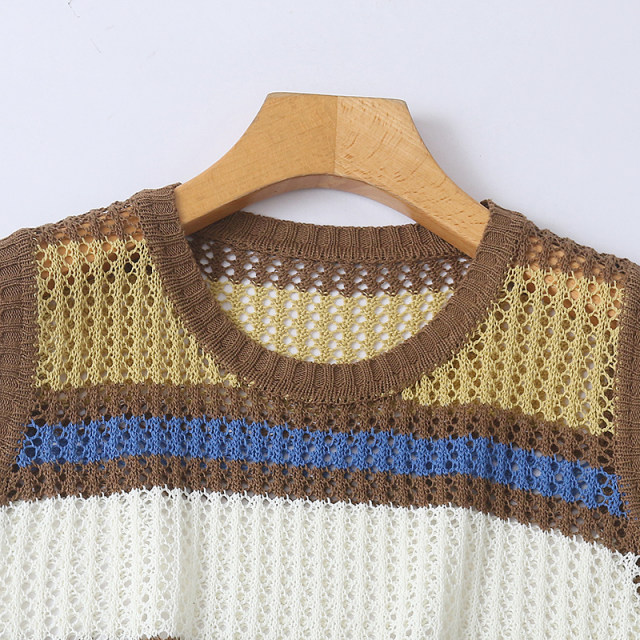 J5124 ການຄ້າຕ່າງປະເທດແມ່ຍິງ sleeveless Hollow Knitted Vest Summer ຮູບແບບໃຫມ່ Round Neck Breathable Color Matching Loose Vest