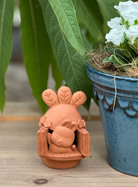 兔子萝卜屋纯手工红陶花园花盆小摆件粗陶绿植阳台可爱多肉