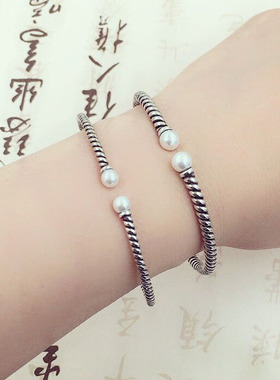 丽江民族泰银扭花镶珍珠男女手镯