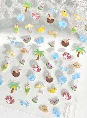 夏日椰子树冰块小黄鸭浮雕美甲贴